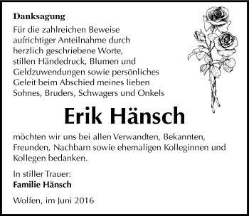 Traueranzeige von Erik Hänsch von Mitteldeutsche Zeitung Bitterfeld