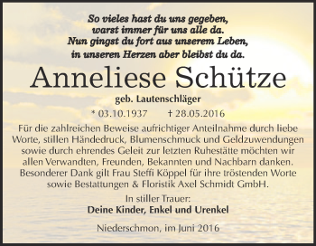 Traueranzeige von Anneliese Schütze von WVG - Wochenspiegel Merseburg
