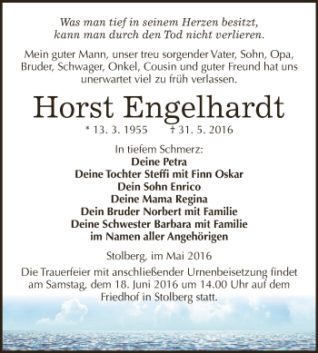 Traueranzeige von Horst Engelhardt von Super Sonntag SGH Mansf. Land