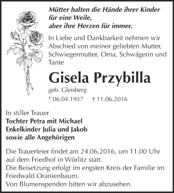 Traueranzeige von Gisela Przybilla von WVG - Wochenspiegel Dessau / Köthen