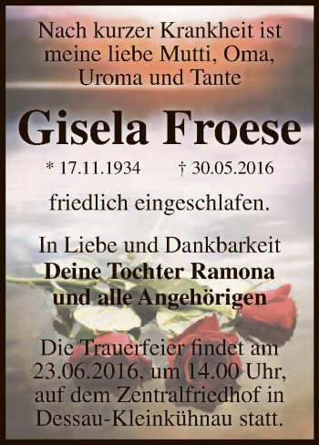 Traueranzeige von Gisela Froese von WVG - Wochenspiegel Dessau / Köthen