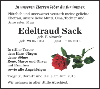 Traueranzeige von Edeltraud Sack von Super Sonntag Zeitz