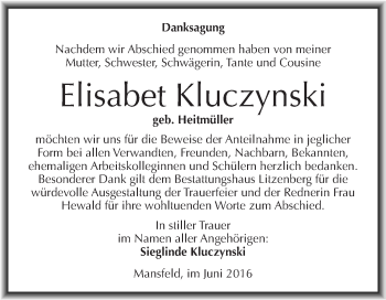 Traueranzeige von Elisabet Kluczynski von Super Sonntag SGH Mansf. Land