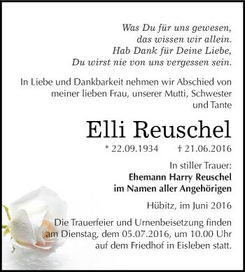 Traueranzeige von Elli Reuschel von Wochenspiegel Mansfelder Land