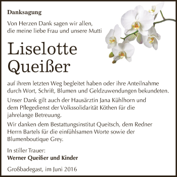 Traueranzeige von Liselotte Queißer von WVG - Wochenspiegel Dessau / Köthen