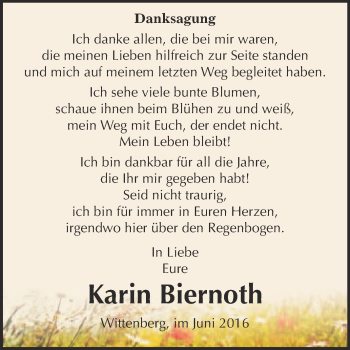 Traueranzeige von Karin Biernoth von Super Sonntag Wittenberg