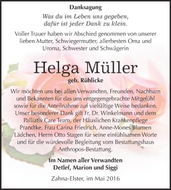 Traueranzeige von Helga Müller von Super Sonntag Wittenberg