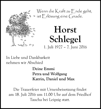 Traueranzeige von Horst Schlegel von Mitteldeutsche Zeitung Weißenfels