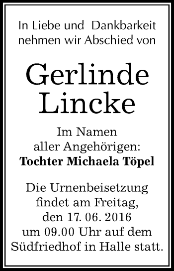 Traueranzeige von Gerlinde Lincke von Mitteldeutsche Zeitung Halle/Saalkreis