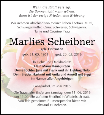 Traueranzeige von Marlies Scheibner von WVG - Wochenspiegel NMB / WSF / ZTZ