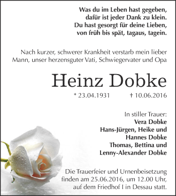 Traueranzeige von Heinz Dobke von WVG - Wochenspiegel Dessau / Köthen