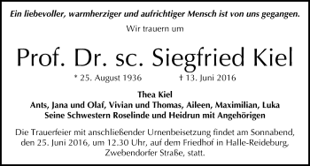 Traueranzeige von Siegfried Kiel von Mitteldeutsche Zeitung Halle/Saalkreis