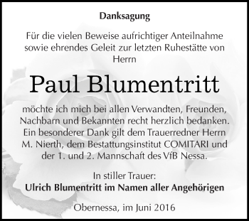 Traueranzeige von Paul Blumentritt von WVG - Wochenspiegel NMB / WSF / ZTZ