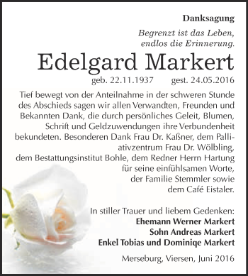 Traueranzeige von Edelgard Markert von WVG - Wochenspiegel Merseburg