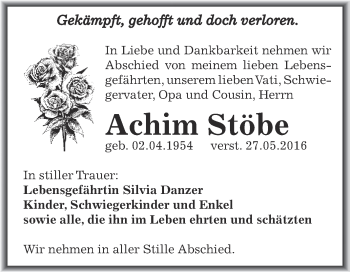 Traueranzeige von Achim Stöbe von WVG - Wochenspiegel NMB / WSF / ZTZ