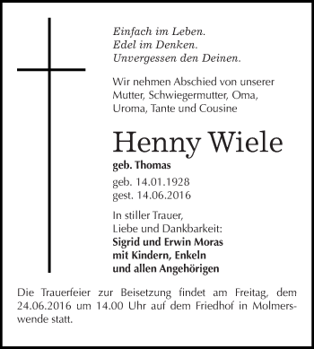 Traueranzeige von Henny Wiele von Wochenspiegel Mansfelder Land