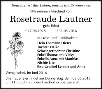 Traueranzeige von Rosetraude Lautner von Mitteldeutsche Zeitung Merseburg/Querfurt