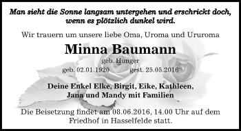 Traueranzeige von Minna Baumann von Mitteldeutsche Zeitung Bernburg