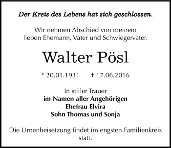 Traueranzeige von Walter Pösl von Mitteldeutsche Zeitung Dessau-Roßlau