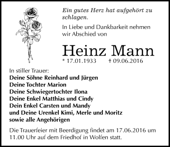 Traueranzeige von Heinz Mann von Mitteldeutsche Zeitung Bitterfeld
