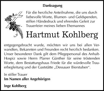 Traueranzeige von Hartmut Kohlberg von Mitteldeutsche Zeitung Dessau-Roßlau