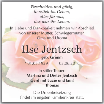 Traueranzeige von Ilse Jentzsch von WVG - Wochenspiegel Wittenberg