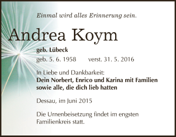 Traueranzeige von Andrea Koym von WVG - Wochenspiegel Dessau / Köthen