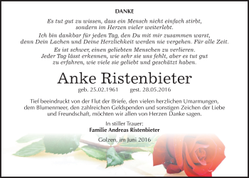 Traueranzeige von Anke Ristenbieter von Mitteldeutsche Zeitung Naumburg/Nebra