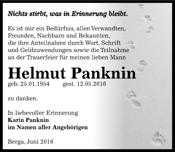 Traueranzeige von Helmut Panknin von Mitteldeutsche Zeitung Sangerhausen