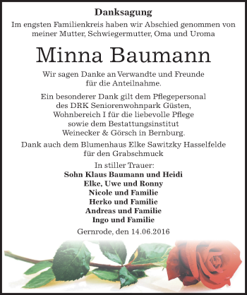 Traueranzeige von Minna Baumann von Mitteldeutsche Zeitung Bernburg