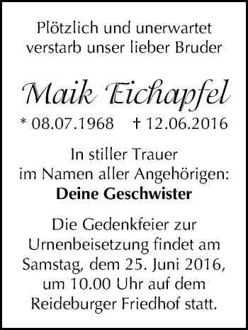 Traueranzeige von Maik Eichapfel von Mitteldeutsche Zeitung Halle/Saalkreis