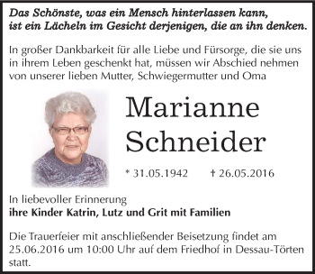 Traueranzeige von Marianne Schneider von Mitteldeutsche Zeitung Dessau-Roßlau