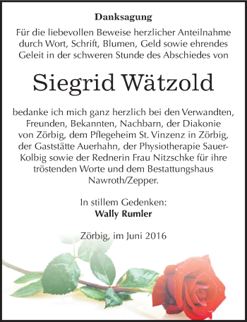 Traueranzeige von Siegrid Wätzold von Mitteldeutsche Zeitung Bitterfeld