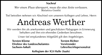 Traueranzeige von Andreas Werther von Mitteldeutsche Zeitung Halle/Saalkreis