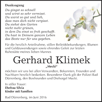 Traueranzeige von Gerhard Klimek von Super Sonntag Merseburg
