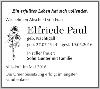 Traueranzeige von Elfriede Paul von Wochenspiegel Mansfelder Land