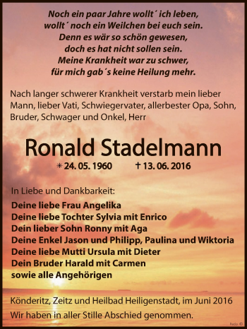 Traueranzeige von Ronald Stadelmann von Super Sonntag Zeitz