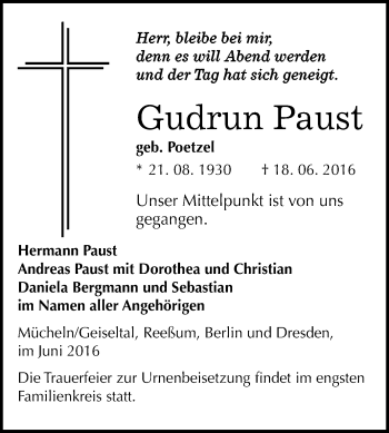Traueranzeige von Gudrun Paust von WVG - Wochenspiegel Merseburg