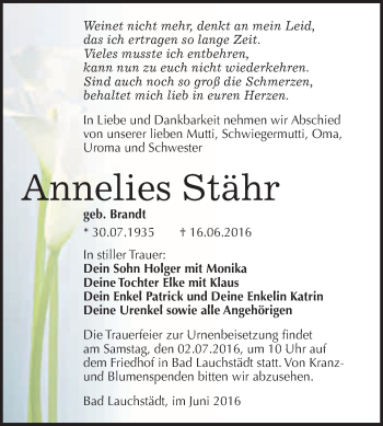 Traueranzeige von Annelies Stähr von WVG - Wochenspiegel Merseburg