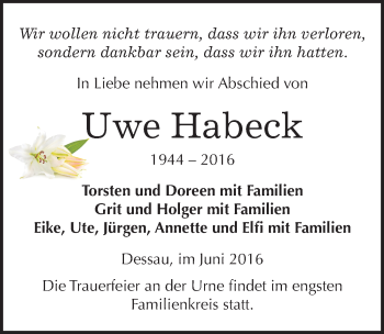 Traueranzeige von Uwe Habeck von Mitteldeutsche Zeitung Dessau-Roßlau