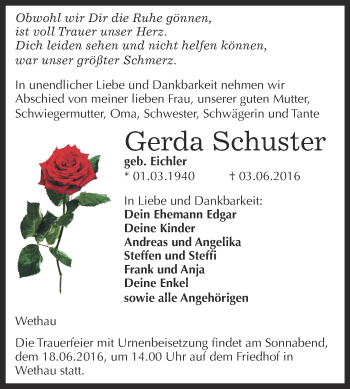 Traueranzeige von Gerda Schuster von WVG - Wochenspiegel NMB / WSF / ZTZ