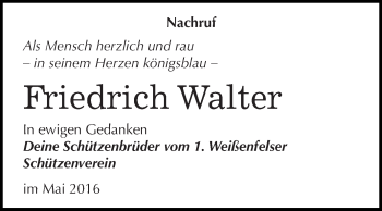 Traueranzeige von Friedrich Walter von WVG - Wochenspiegel NMB / WSF / ZTZ