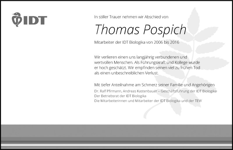  Traueranzeige für Thomas Pospich vom 09.06.2016 aus Mitteldeutsche Zeitung Dessau-Roßlau