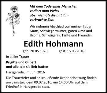 Traueranzeige von Edith Hohmann von Mitteldeutsche Zeitung Quedlinburg