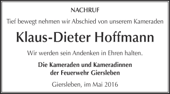 Traueranzeige von Klaus-Dieter Hoffmann von WVG - Wochenspiegel Aschersleben