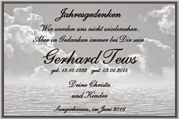 Traueranzeige von Gerhard Tews von Super Sonntag SGH Mansf. Land