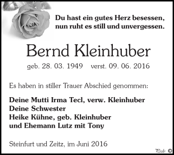 Traueranzeige von Bernd Kleinhuber von Super Sonntag Zeitz