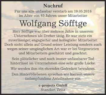 Traueranzeige von Wolfgang Söfftge von Super Sonntag Zeitz