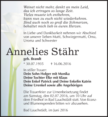 Traueranzeige von Annelies Stähr von Mitteldeutsche Zeitung Merseburg/Querfurt