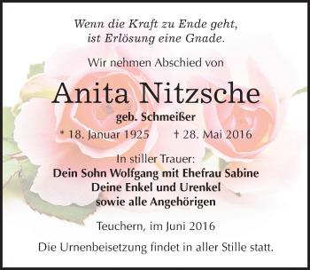 Traueranzeige von Anita Nitzsche von Mitteldeutsche Zeitung Weißenfels